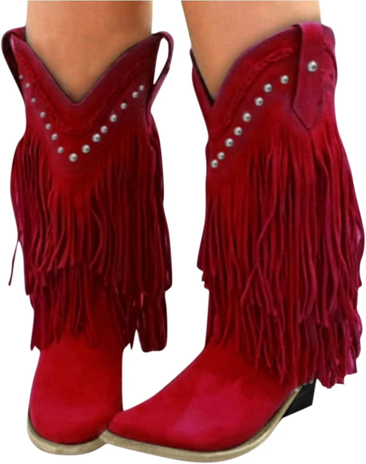 Fringe Cowboy Boots for Women Western Tassel Riding Cowgirl Boots Pull on Mid Calf Boots Fashion Buckle Boots