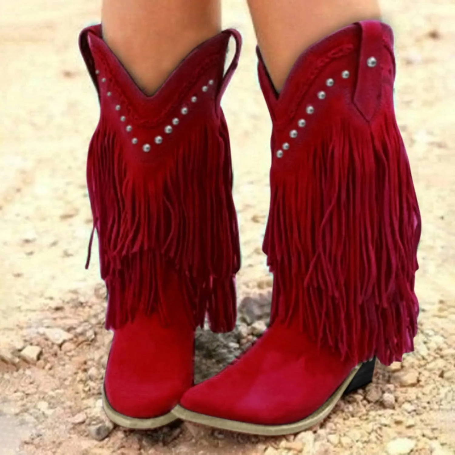 Fringe Cowboy Boots for Women Western Tassel Riding Cowgirl Boots Pull on Mid Calf Boots Fashion Buckle Boots