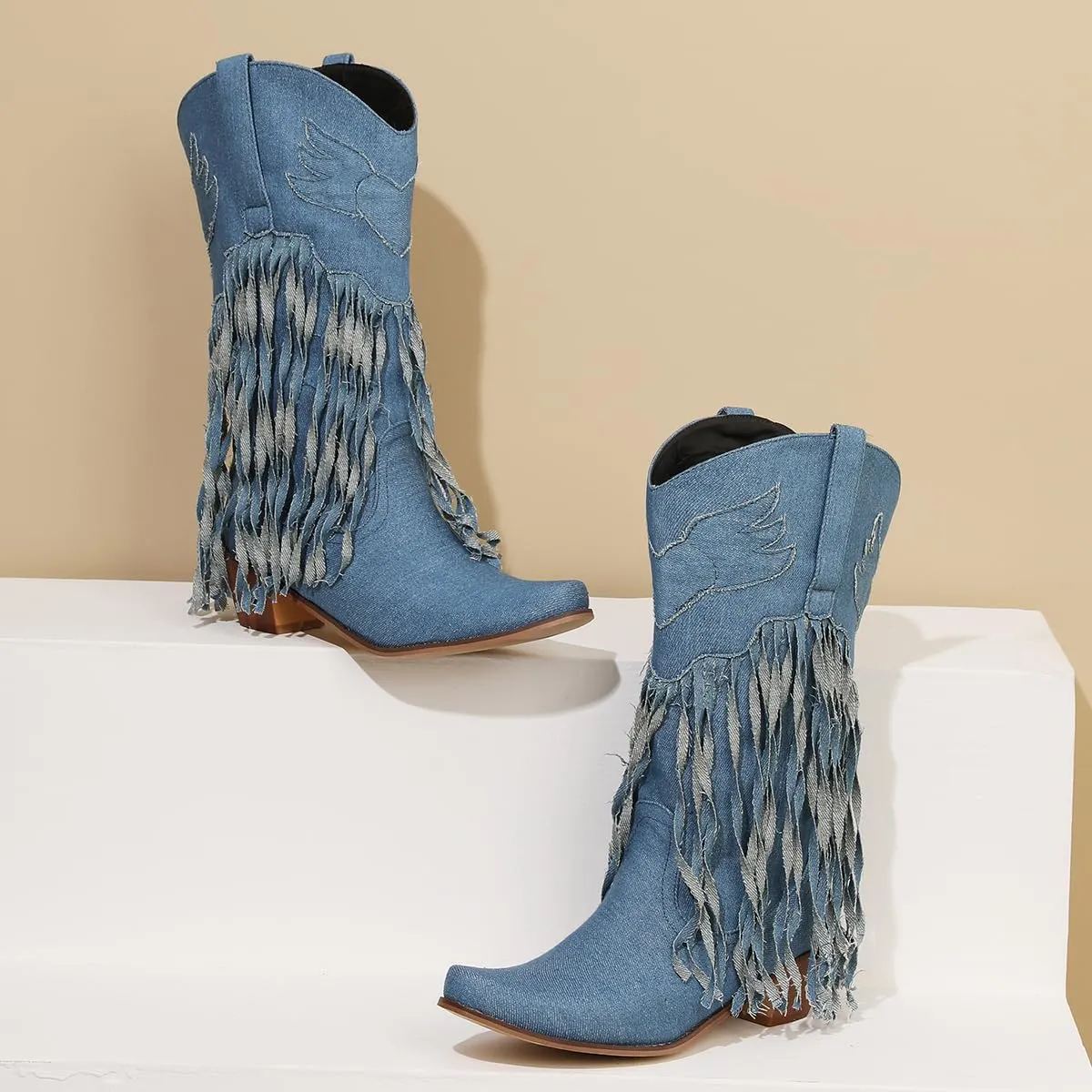 Fringe Denim Cowboy Boots Chunky Heel Tassel Cowgirl Boots Low Heel Mid Calf Western Boots
