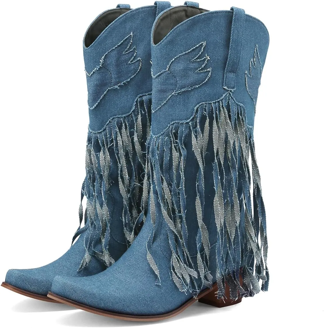 Fringe Denim Cowboy Boots Chunky Heel Tassel Cowgirl Boots Low Heel Mid Calf Western Boots