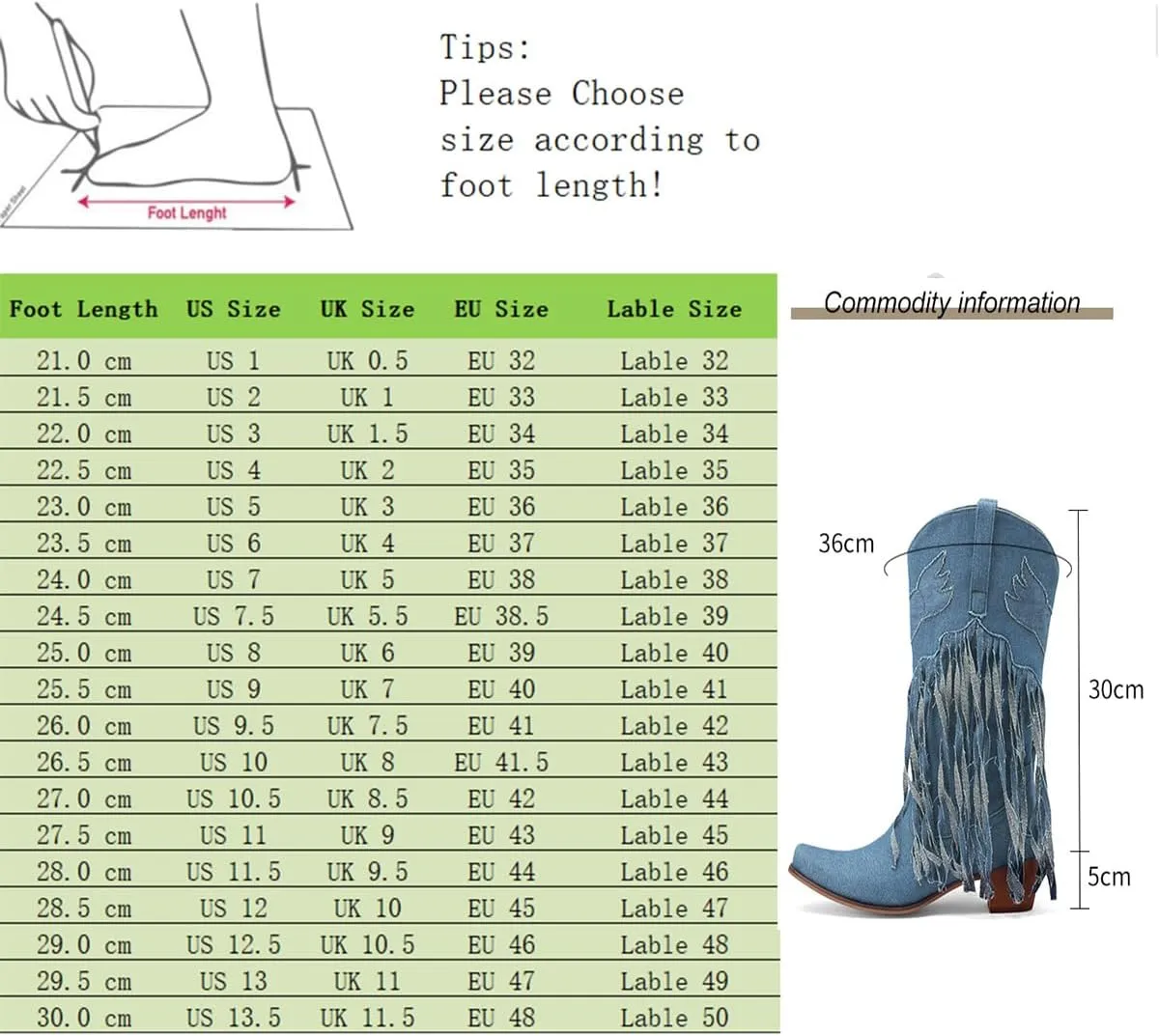 Fringe Denim Cowboy Boots Chunky Heel Tassel Cowgirl Boots Low Heel Mid Calf Western Boots