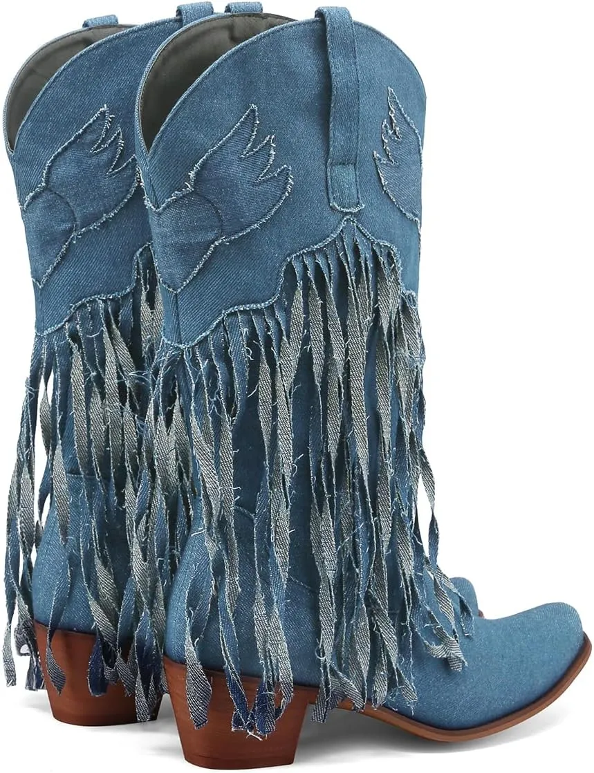 Fringe Denim Cowboy Boots Chunky Heel Tassel Cowgirl Boots Low Heel Mid Calf Western Boots