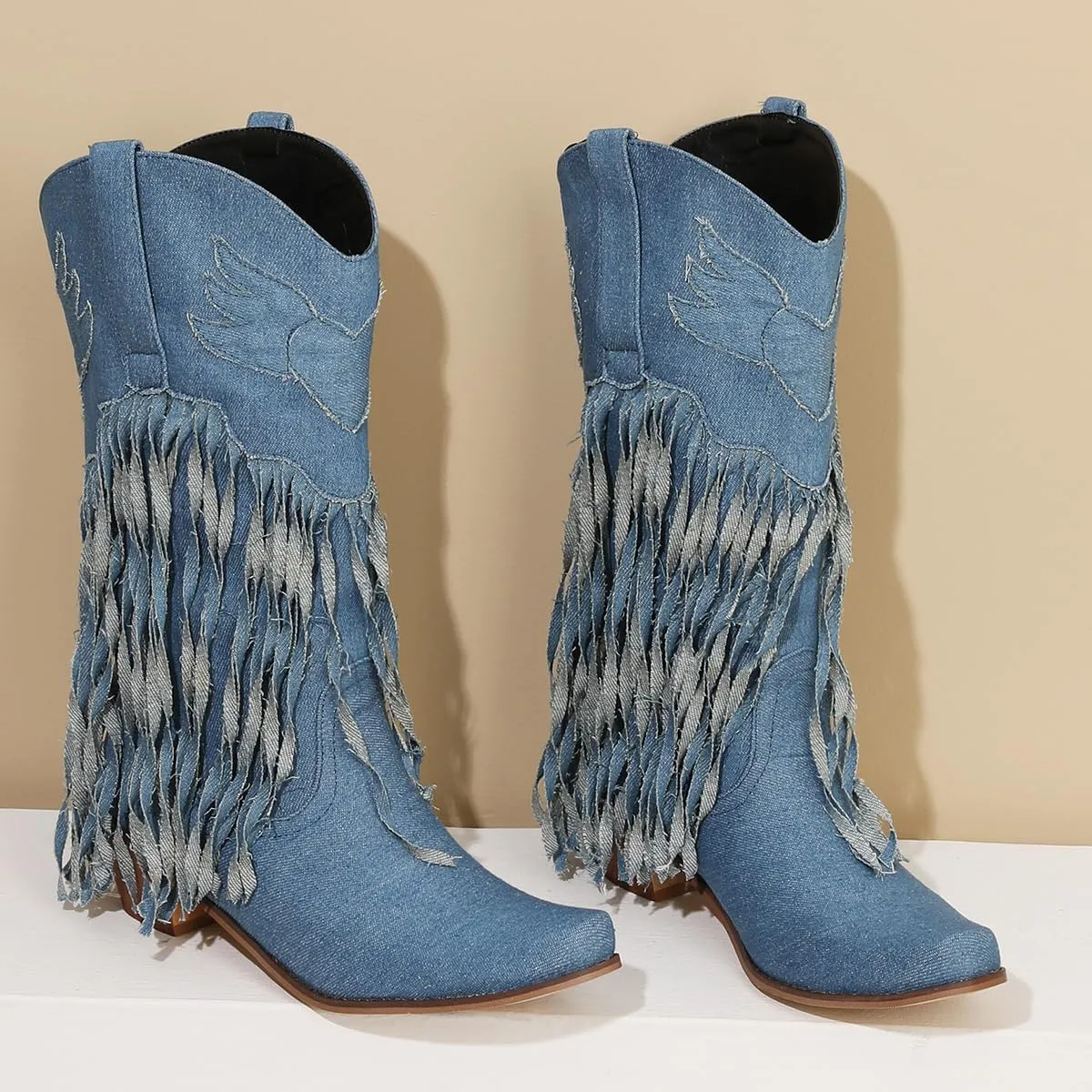 Fringe Denim Cowboy Boots Chunky Heel Tassel Cowgirl Boots Low Heel Mid Calf Western Boots