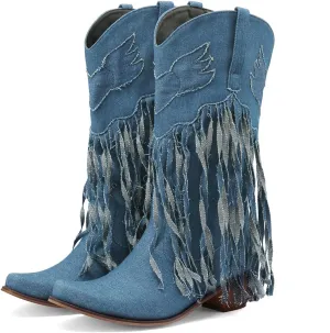 Fringe Denim Cowboy Boots Chunky Heel Tassel Cowgirl Boots Low Heel Mid Calf Western Boots