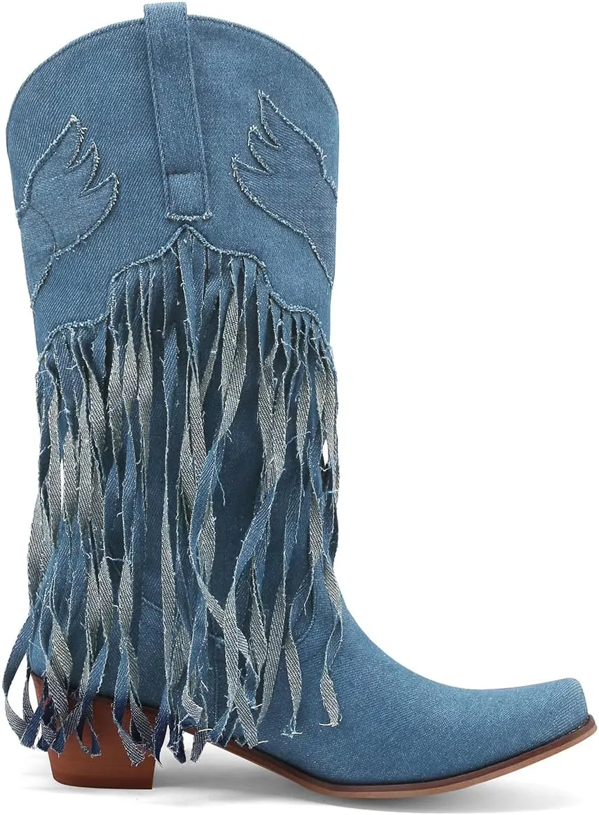 Fringe Denim Cowboy Boots Chunky Heel Tassel Cowgirl Boots Low Heel Mid Calf Western Boots