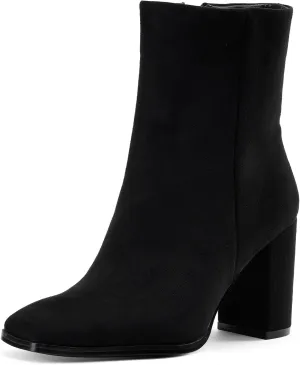 GENSHUO Square Toe Ankle Boots for Women 3.15 Inch High Block Heel Short Boots Fashion Side Zipper Booties Shoes