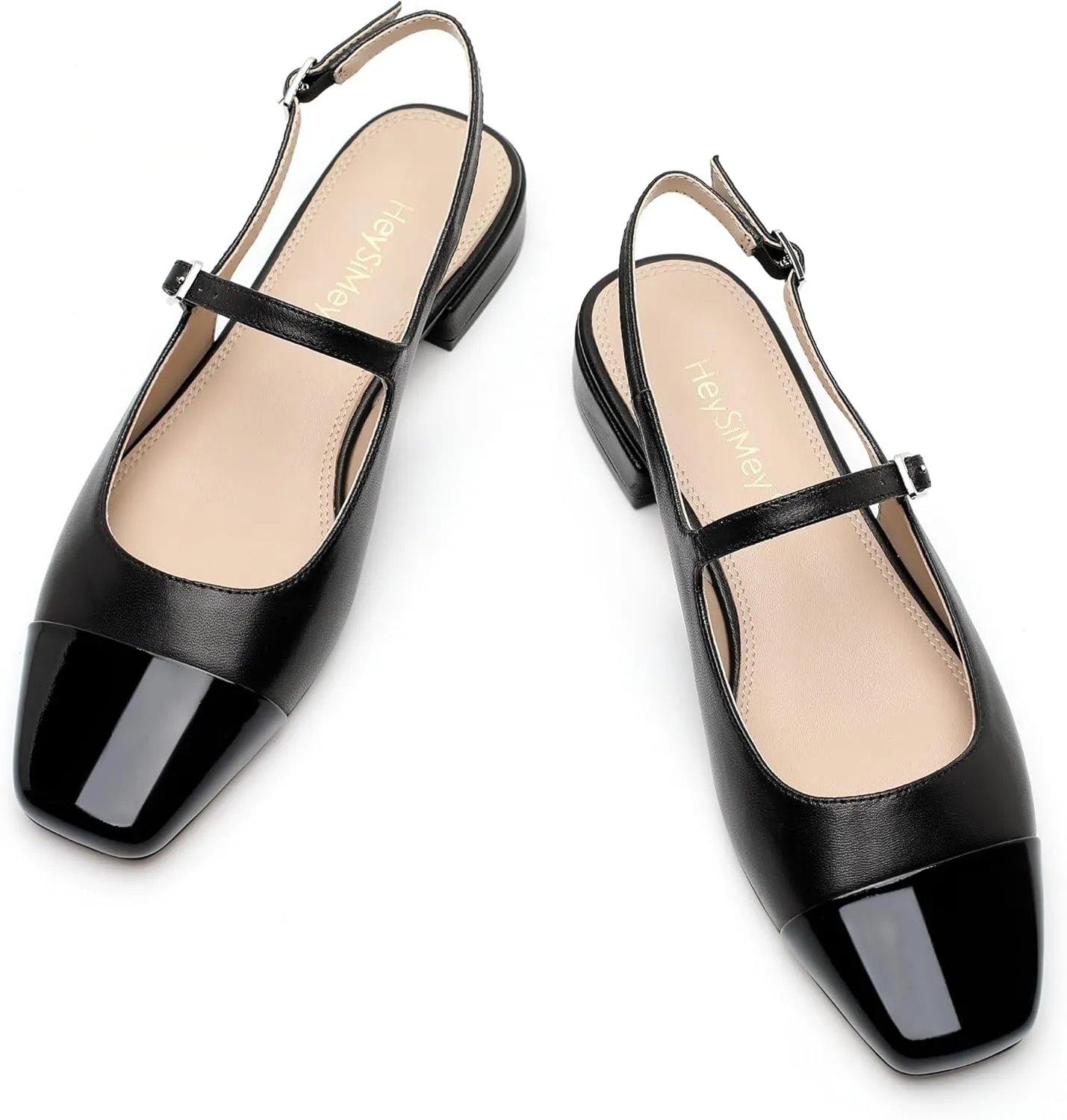 Genuine Leather Slingback Flats for Women Square Toe Elegant Women's Flats with Buckle Strap Dress Shoes for Casual Work Office Party