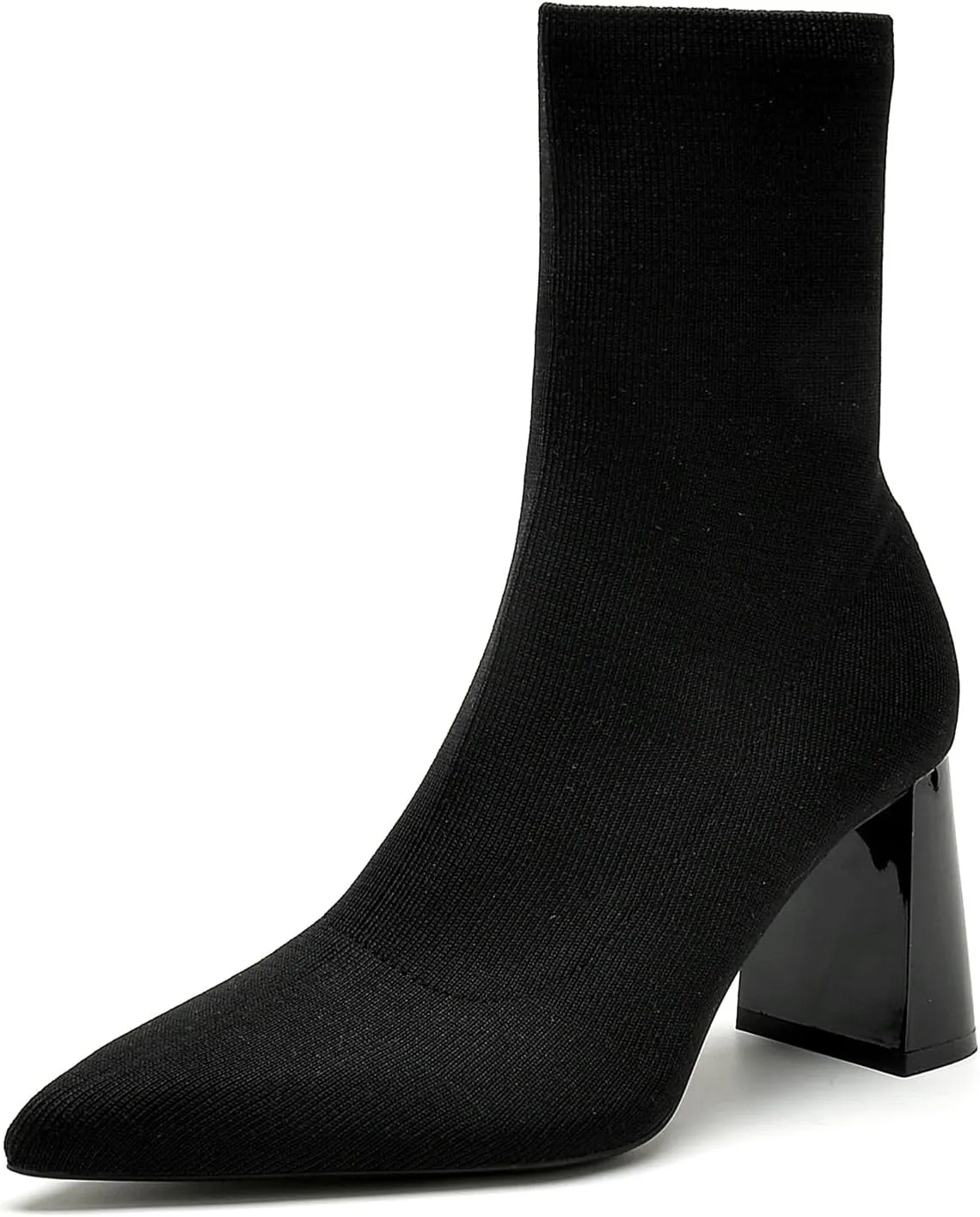 getmorebeauty Women's Ankle Boots Low Block Heel Stretch Knit Pointed Toe Mid Calf Boots Fashion Short Boots