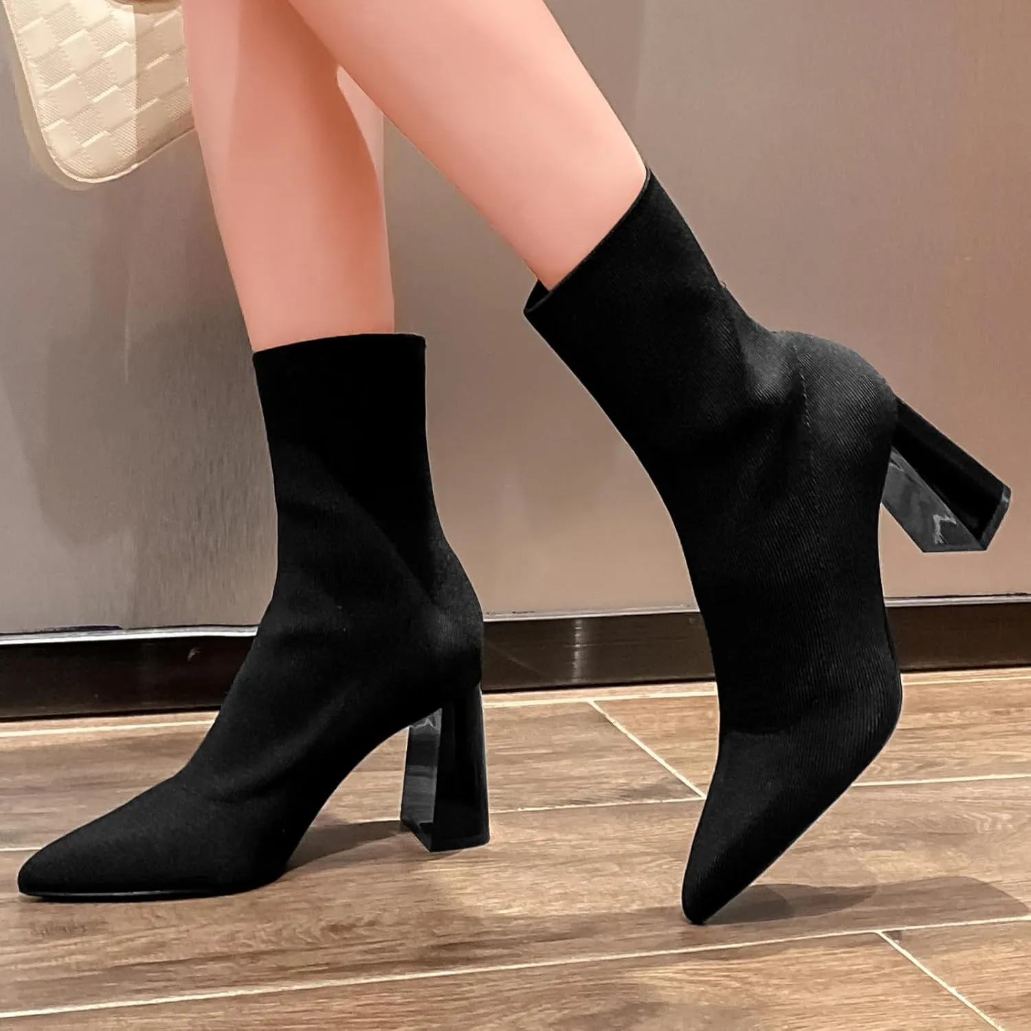 getmorebeauty Women's Ankle Boots Low Block Heel Stretch Knit Pointed Toe Mid Calf Boots Fashion Short Boots