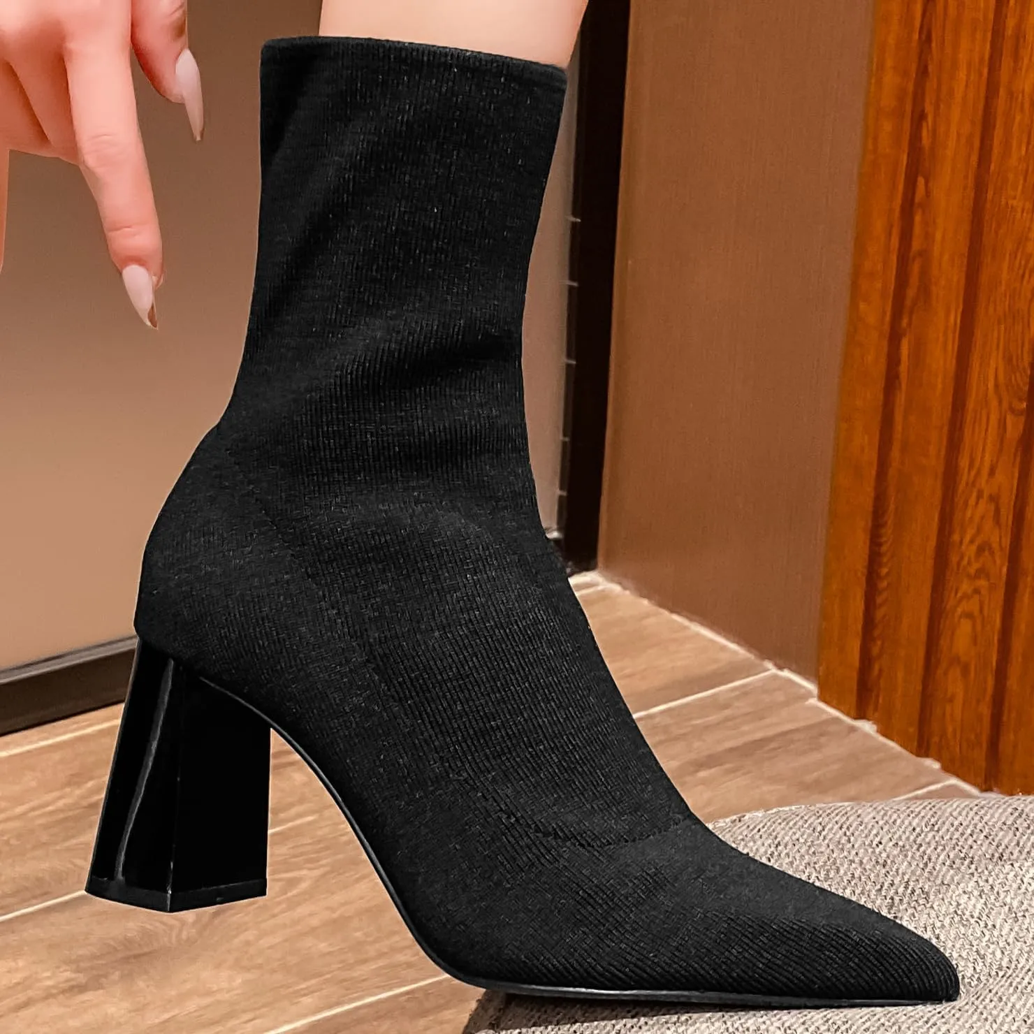 getmorebeauty Women's Ankle Boots Low Block Heel Stretch Knit Pointed Toe Mid Calf Boots Fashion Short Boots