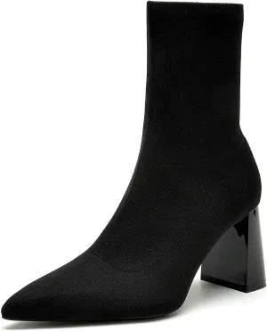 getmorebeauty Women's Ankle Boots Low Block Heel Stretch Knit Pointed Toe Mid Calf Boots Fashion Short Boots