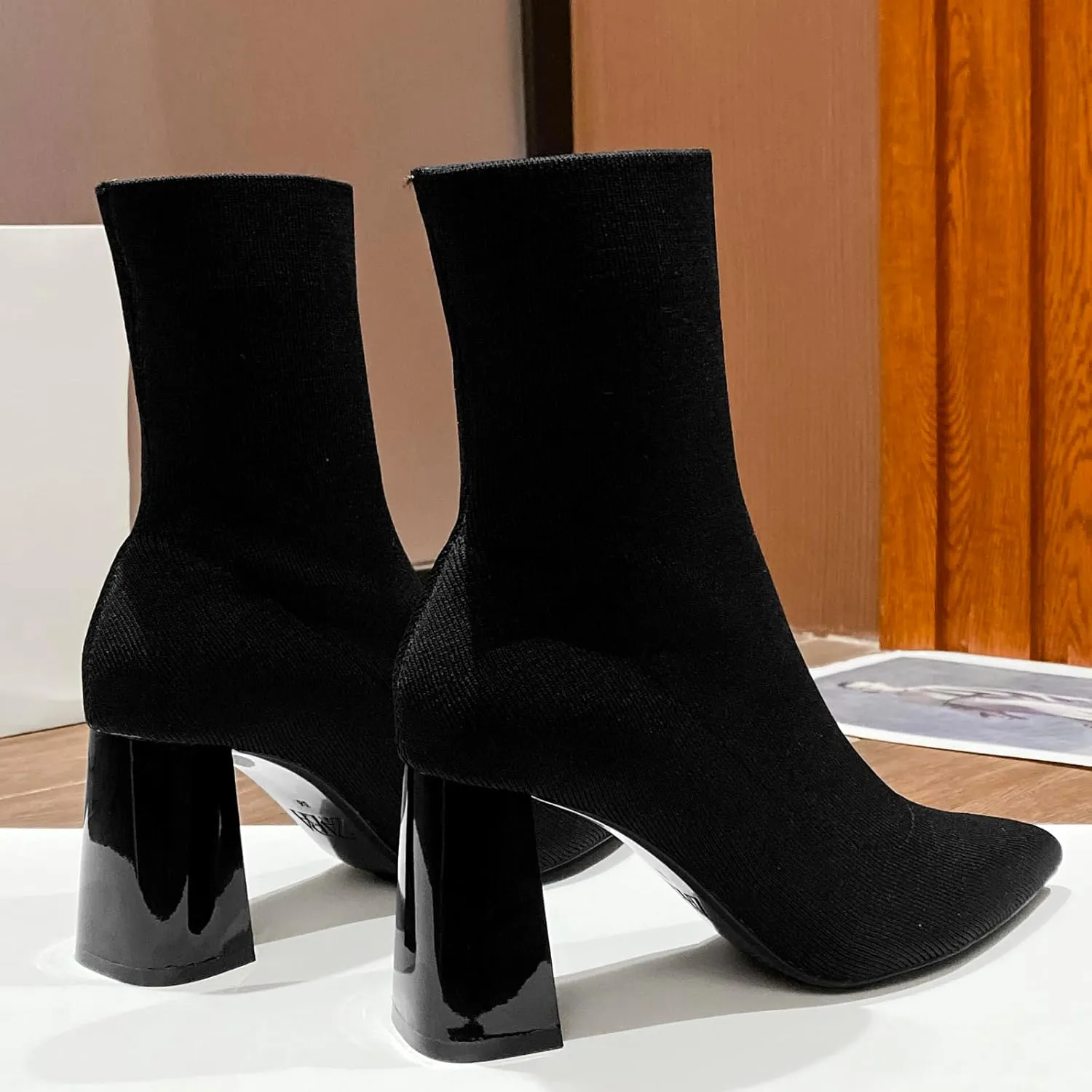 getmorebeauty Women's Ankle Boots Low Block Heel Stretch Knit Pointed Toe Mid Calf Boots Fashion Short Boots