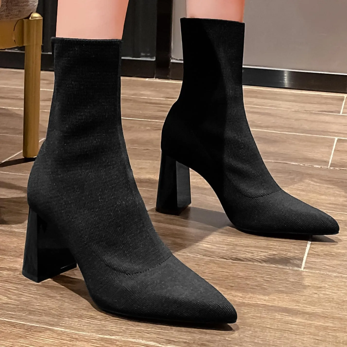 getmorebeauty Women's Ankle Boots Low Block Heel Stretch Knit Pointed Toe Mid Calf Boots Fashion Short Boots