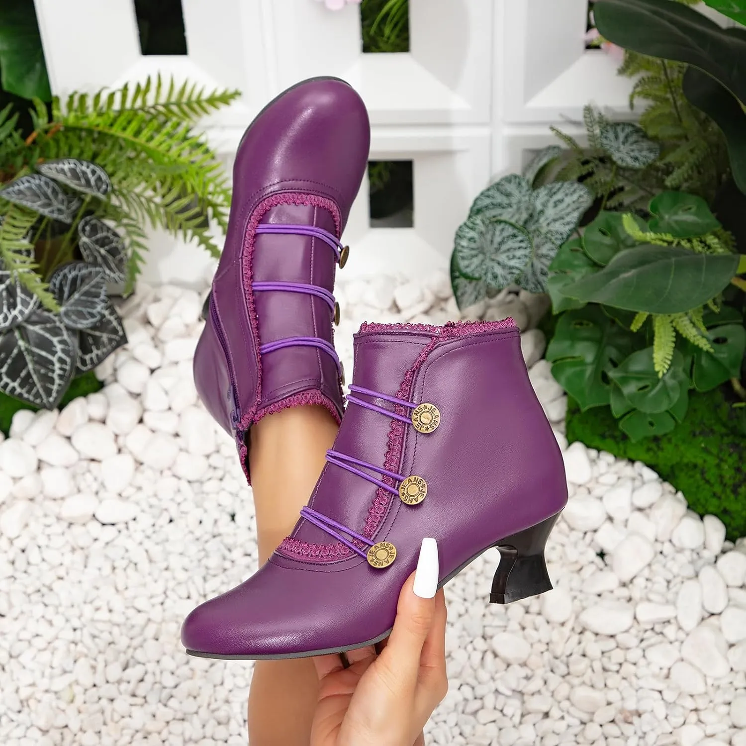 getmorebeauty Women's Ankle Boots Low Heels Lace Buttons Round Toe Side Zipper Vintage Short Boots Autumn Winter