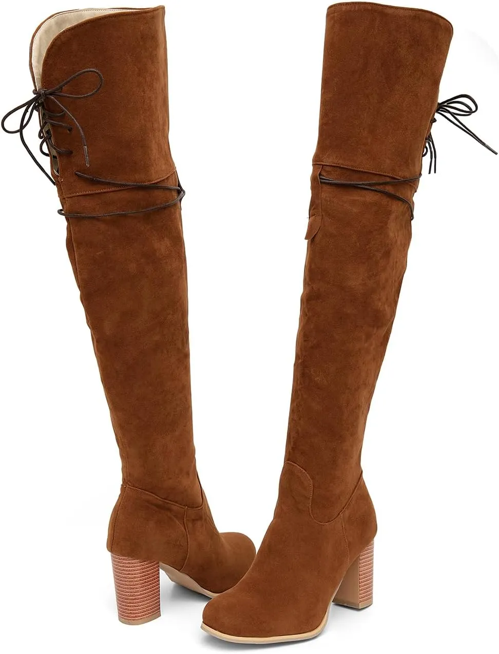 getmorebeauty Women's Over The Knee Thigh High Chunky Heel Boots Side Zipper Suede Lace-up Long Stretch Sexy Winter Boots Shoes