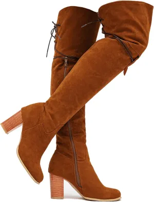 getmorebeauty Women's Over The Knee Thigh High Chunky Heel Boots Side Zipper Suede Lace-up Long Stretch Sexy Winter Boots Shoes