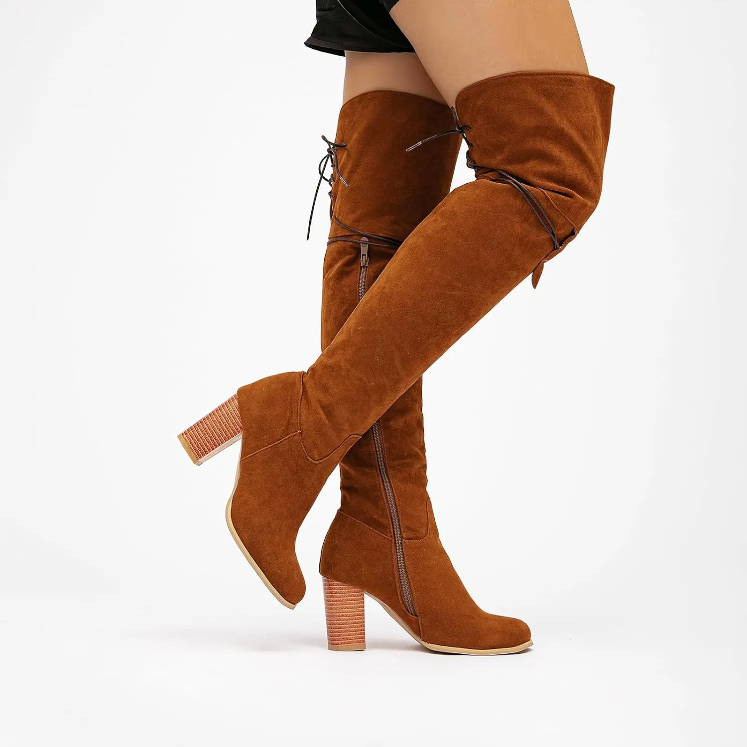 getmorebeauty Women's Over The Knee Thigh High Chunky Heel Boots Side Zipper Suede Lace-up Long Stretch Sexy Winter Boots Shoes