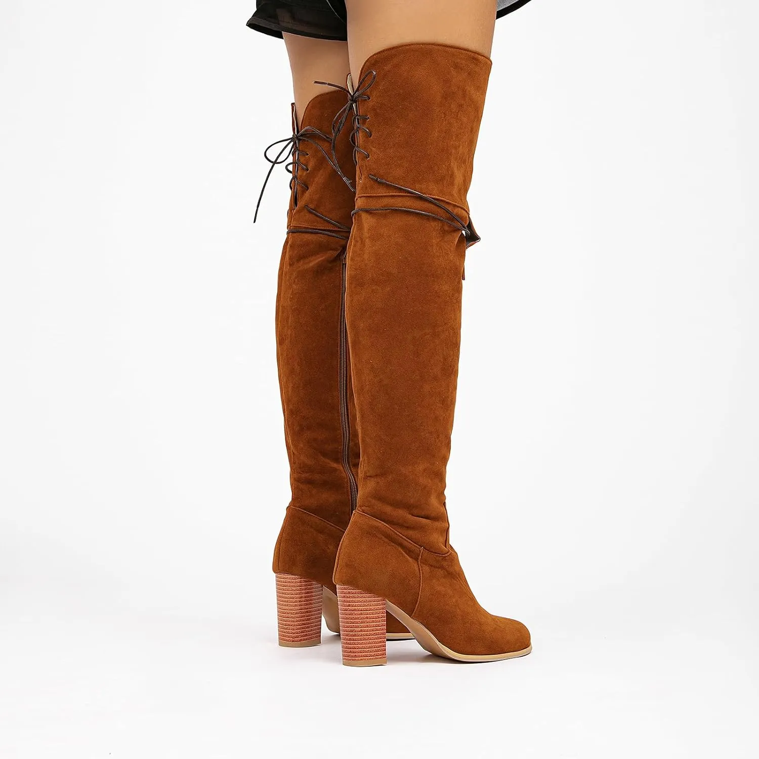 getmorebeauty Women's Over The Knee Thigh High Chunky Heel Boots Side Zipper Suede Lace-up Long Stretch Sexy Winter Boots Shoes