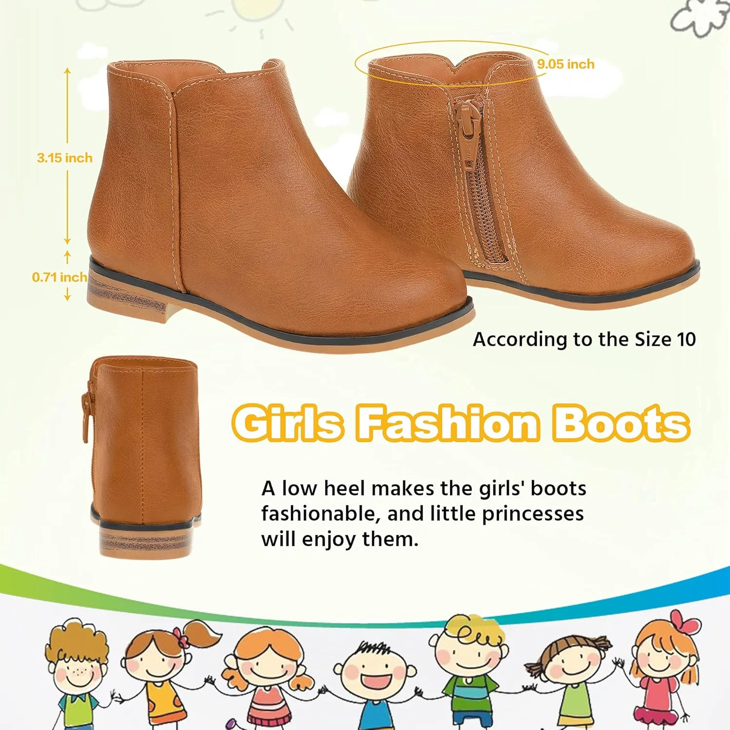 Girls Ankle Boots for Kids - Side Zipper Booties, Fashion Short Suede Low Heels