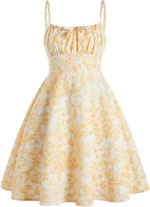 Girl's Floral Print Summer Dress Bowknot Ruched Bust A Line Cami Dress High Waist Ruffle Hem Cute Sun Dresses