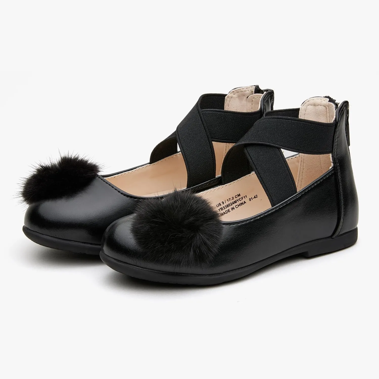 Girls' Pom Pom Mary Jane Flats - Ankle Cross Elatic Bands and Heel Zipper for Toddler/Little Kid
