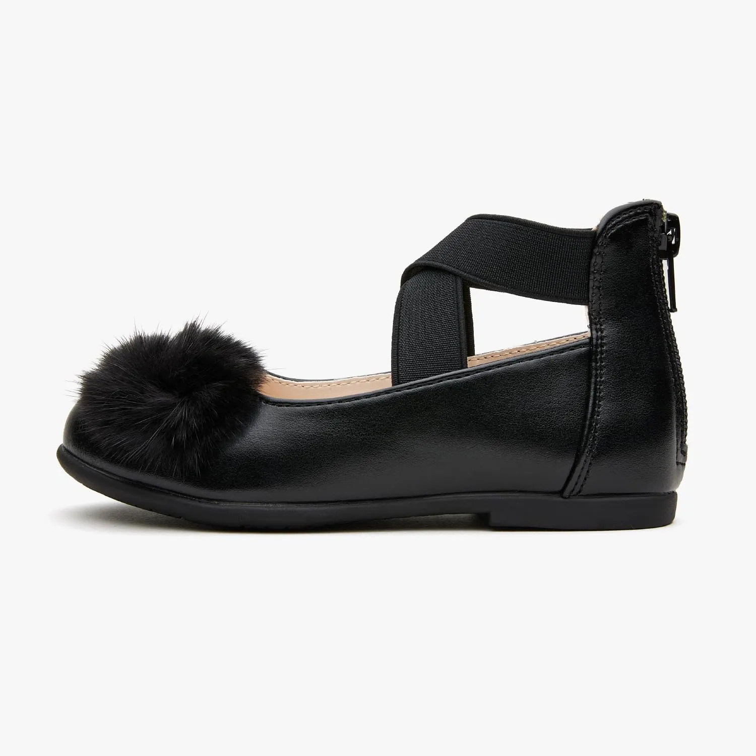 Girls' Pom Pom Mary Jane Flats - Ankle Cross Elatic Bands and Heel Zipper for Toddler/Little Kid