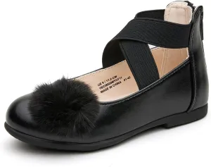 Girls' Pom Pom Mary Jane Flats - Ankle Cross Elatic Bands and Heel Zipper for Toddler/Little Kid
