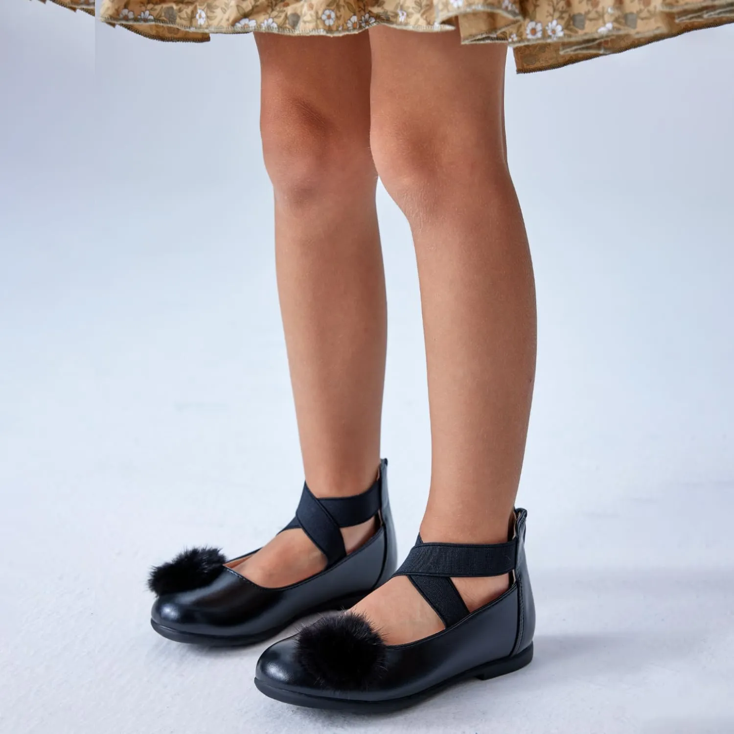Girls' Pom Pom Mary Jane Flats - Ankle Cross Elatic Bands and Heel Zipper for Toddler/Little Kid