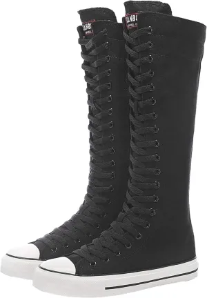 Girl's Women's Knee High Canvas Boots Lace-up Zip Flat Sports Shoes