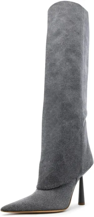 Goolita Fold Over Boots For Women, Pointed Toe Stiletto Heel Knee High Boots Fashion Comfortable Slip On Tall Boots