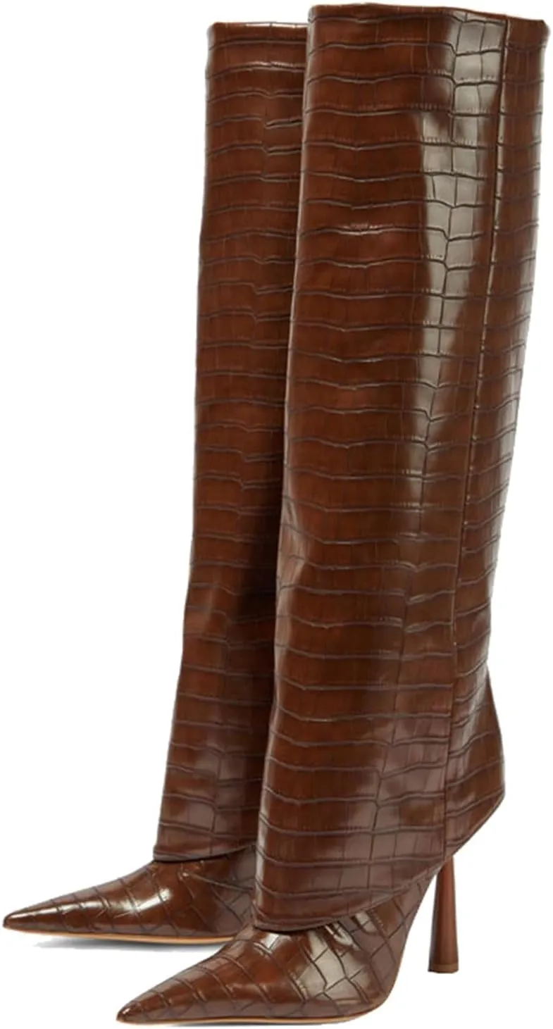 Goolita Fold Over Boots For Women, Pointed Toe Stiletto Heel Knee High Boots Fashion Comfortable Slip On Tall Boots