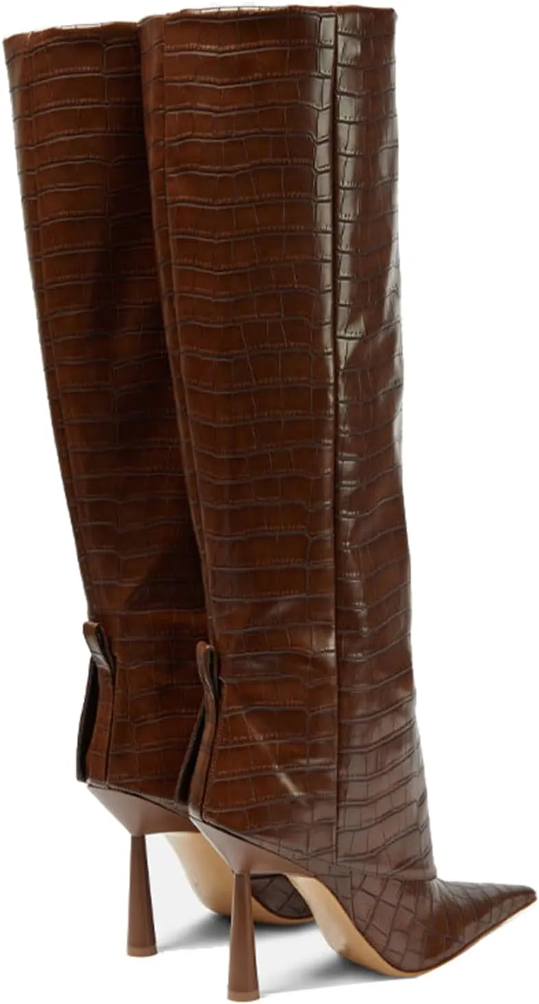 Goolita Fold Over Boots For Women, Pointed Toe Stiletto Heel Knee High Boots Fashion Comfortable Slip On Tall Boots