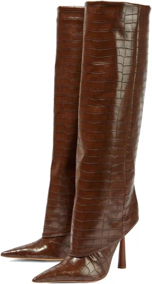 Goolita Fold Over Boots For Women, Pointed Toe Stiletto Heel Knee High Boots Fashion Comfortable Slip On Tall Boots