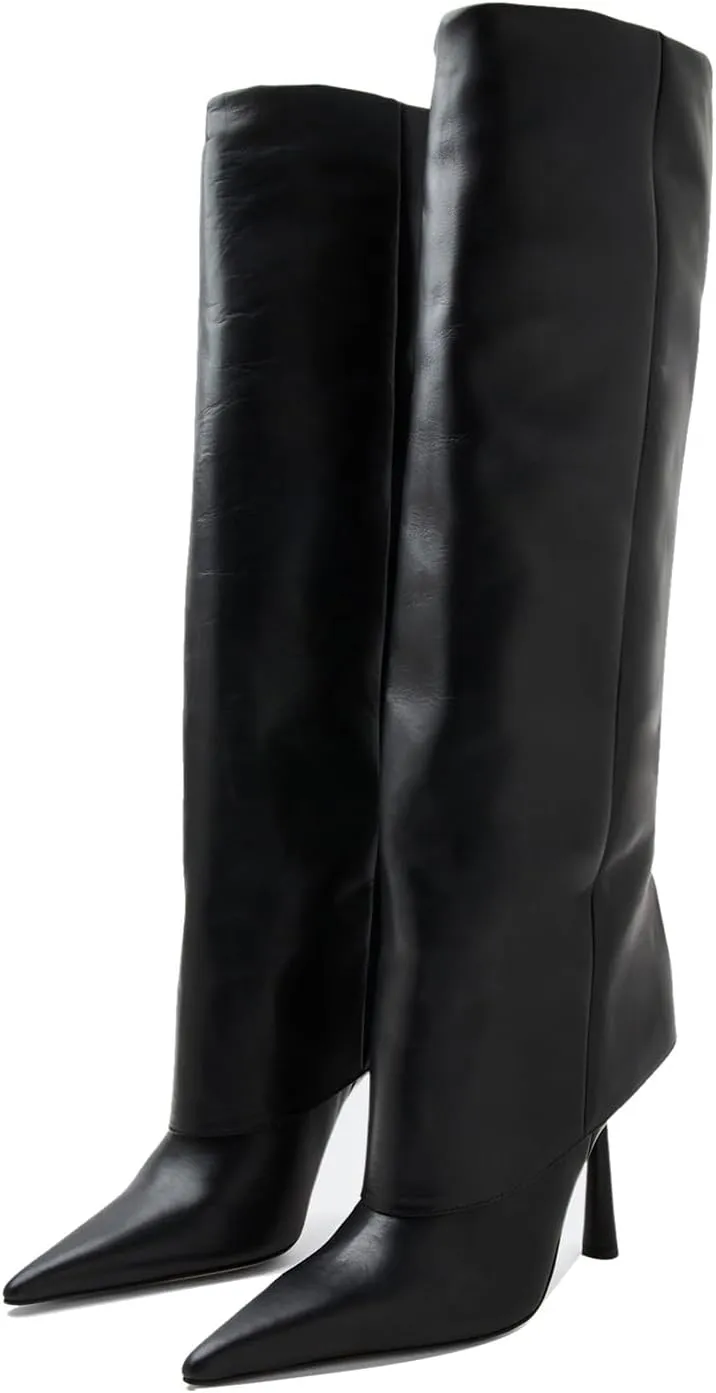 Goolita Fold Over Boots For Women, Pointed Toe Stiletto Heel Knee High Boots Fashion Comfortable Slip On Tall Boots