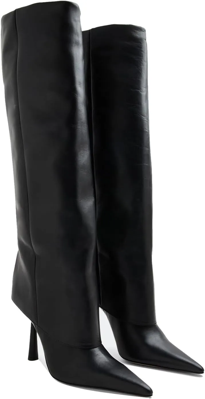 Goolita Fold Over Boots For Women, Pointed Toe Stiletto Heel Knee High Boots Fashion Comfortable Slip On Tall Boots