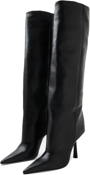 Goolita Fold Over Boots For Women, Pointed Toe Stiletto Heel Knee High Boots Fashion Comfortable Slip On Tall Boots