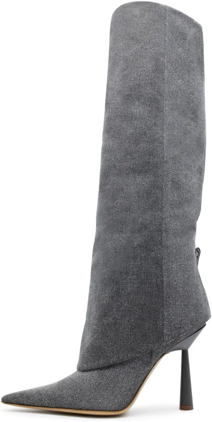 Goolita Fold Over Boots For Women, Pointed Toe Stiletto Heel Knee High Boots Fashion Comfortable Slip On Tall Boots