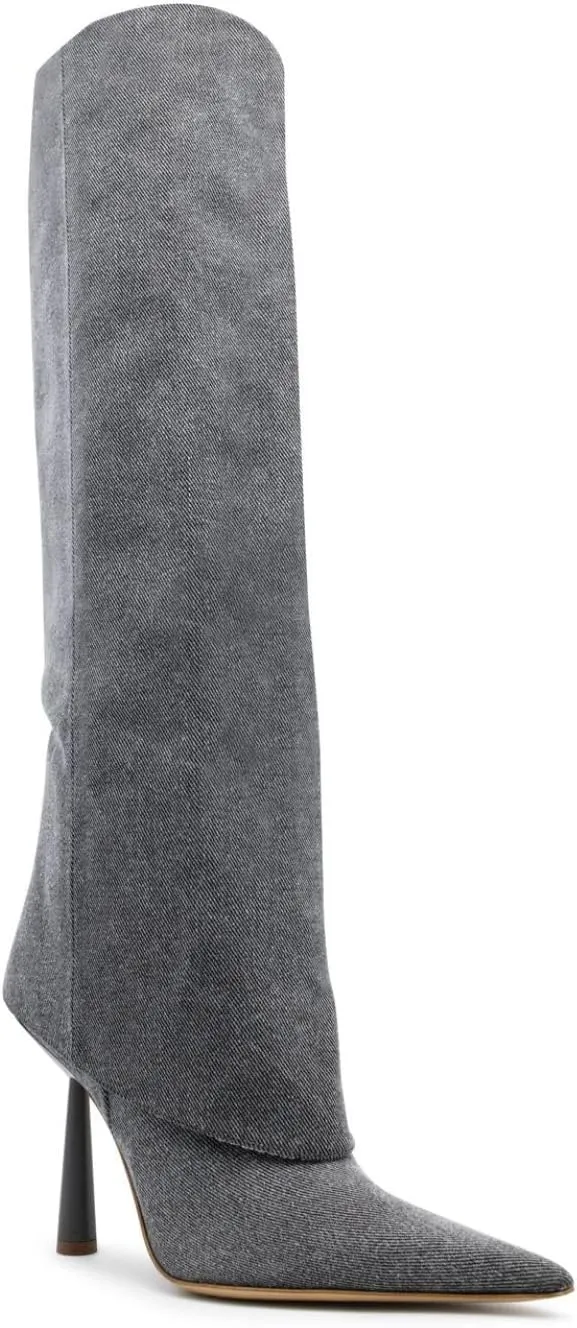 Goolita Fold Over Boots For Women, Pointed Toe Stiletto Heel Knee High Boots Fashion Comfortable Slip On Tall Boots
