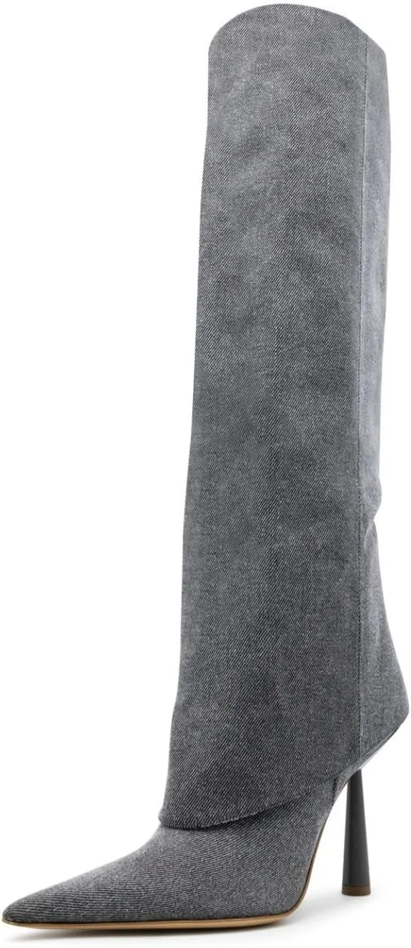 Goolita Fold Over Boots For Women, Pointed Toe Stiletto Heel Knee High Boots Fashion Comfortable Slip On Tall Boots