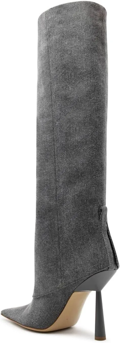 Goolita Fold Over Boots For Women, Pointed Toe Stiletto Heel Knee High Boots Fashion Comfortable Slip On Tall Boots
