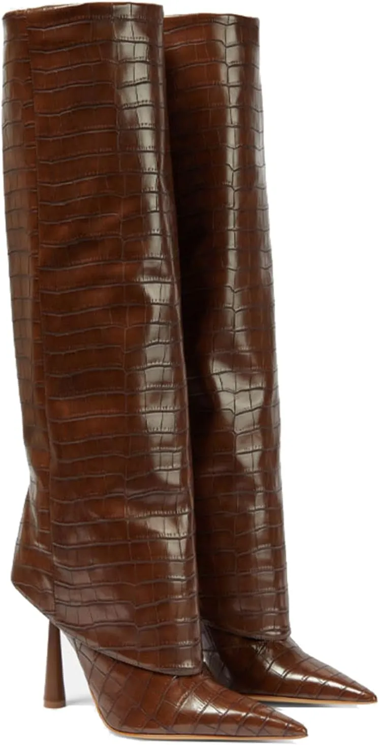 Goolita Fold Over Boots For Women, Pointed Toe Stiletto Heel Knee High Boots Fashion Comfortable Slip On Tall Boots