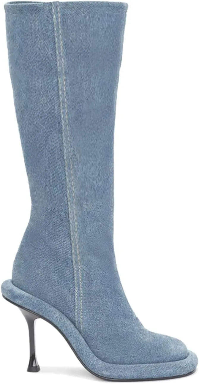 Goolita Women's Denim Knee-High Boots, Black, Stiletto Heel, Zip Closure, Gothic, Casual, Party, Dating, All Seasons