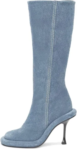 Goolita Women's Denim Knee-High Boots, Black, Stiletto Heel, Zip Closure, Gothic, Casual, Party, Dating, All Seasons