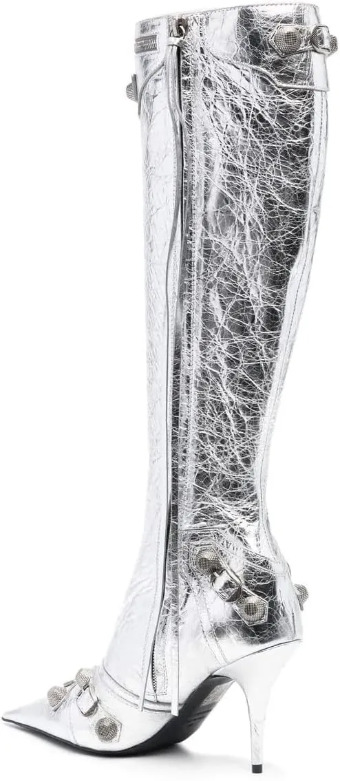 Goolita Women's Pointed Toe Rivet Knee High Boots Stiletto High Heel Punk Style Boot Thin Tassels Buckle Long Bootie