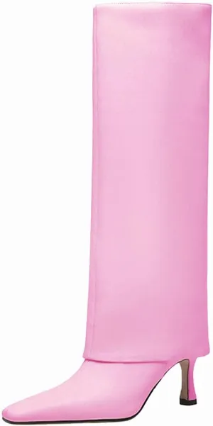 Goolita Women's Stiletto Heel Knee High Boots Square Toe Slip On Fold Over Boots For Women Leather Comfortable Dress Tall Boots