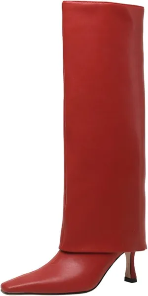 Goolita Women's Stiletto Heel Knee High Boots Square Toe Slip On Fold Over Boots For Women Leather Comfortable Dress Tall Boots