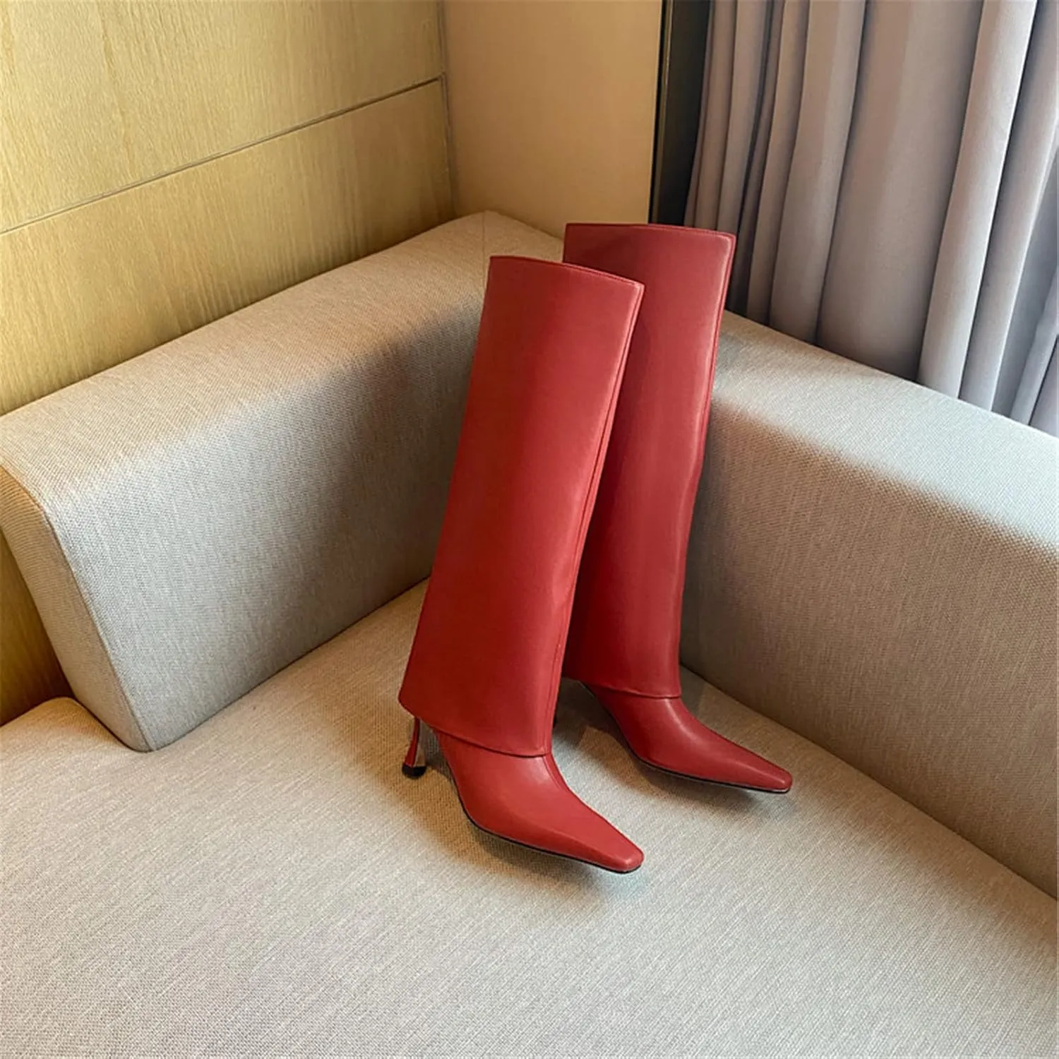 Goolita Women's Stiletto Heel Knee High Boots Square Toe Slip On Fold Over Boots For Women Leather Comfortable Dress Tall Boots
