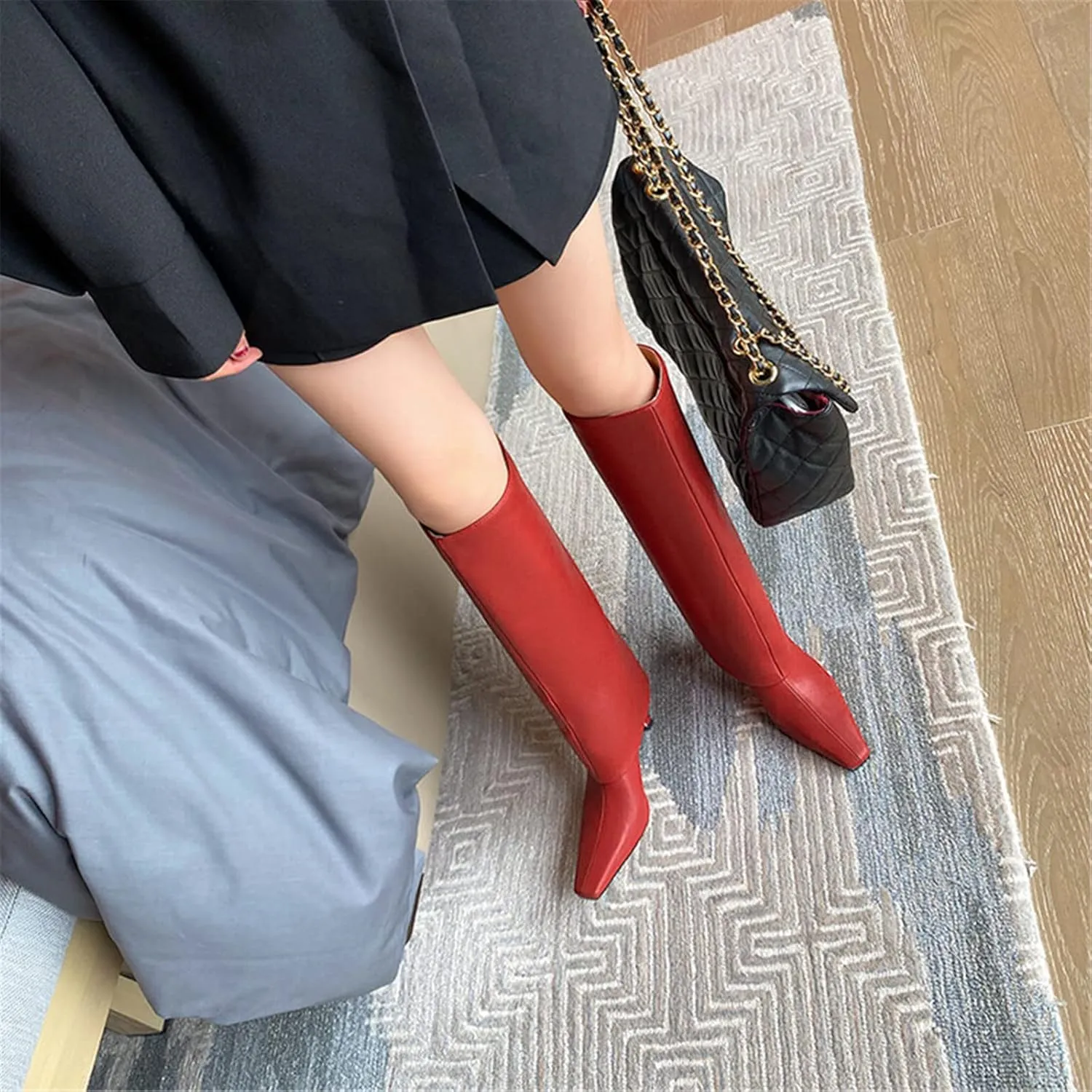 Goolita Women's Stiletto Heel Knee High Boots Square Toe Slip On Fold Over Boots For Women Leather Comfortable Dress Tall Boots