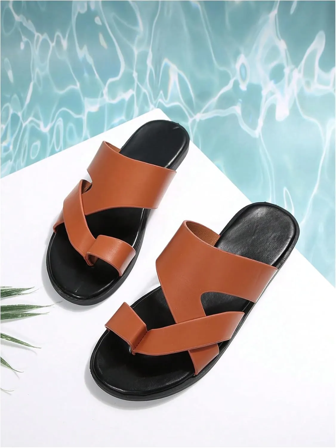 GORGLITTER Men's Beach Leather Sandals Slide Footwear Round Flip Flops Pu Slip On Slippers