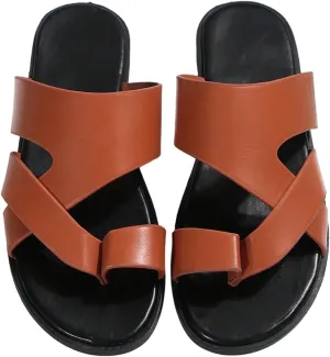 GORGLITTER Men's Beach Leather Sandals Slide Footwear Round Flip Flops Pu Slip On Slippers